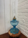 Antique Blue Glass Oil Lamp with Greek Key Detail — Local Pickup Only