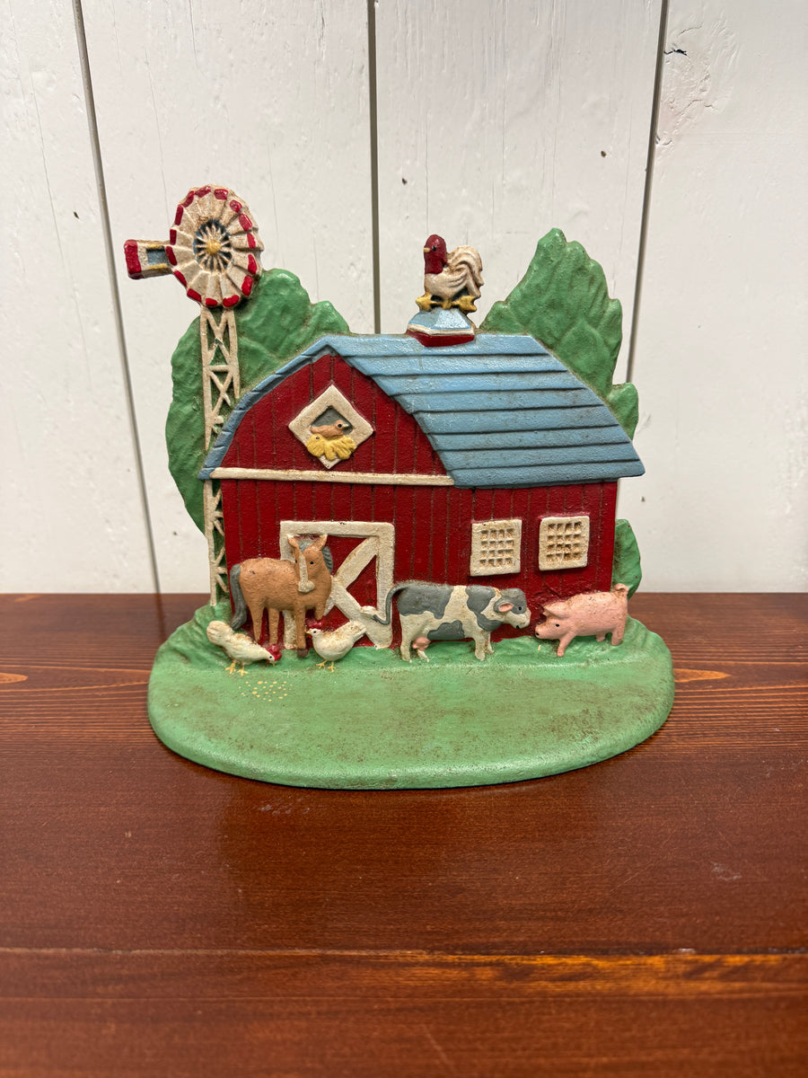 Vintage Cast Iron Farm Scene Doorstop - Red Barn & Windmill