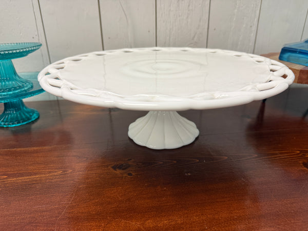 Vintage Milk Glass Pedestal Cake Stand - Open Lace Edge