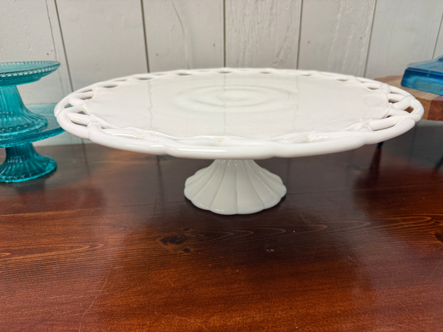 Vintage Milk Glass Pedestal Cake Stand - Open Lace Edge