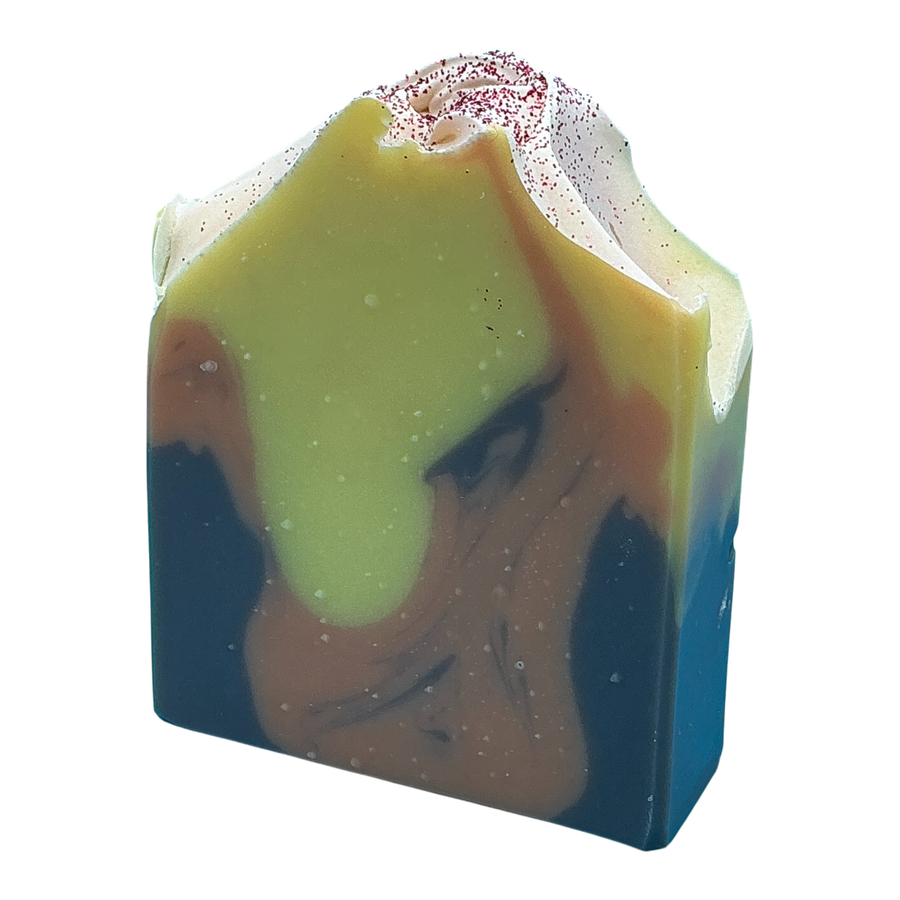Lava handcrafted bar soap by Monticello Soap Company, bright citrus tropical bar with eco glitter and mica swirl.