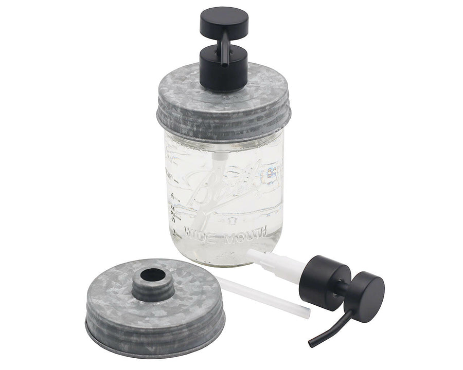 Matte black soap pump with galvanized metal lid for wide mouth mason jars