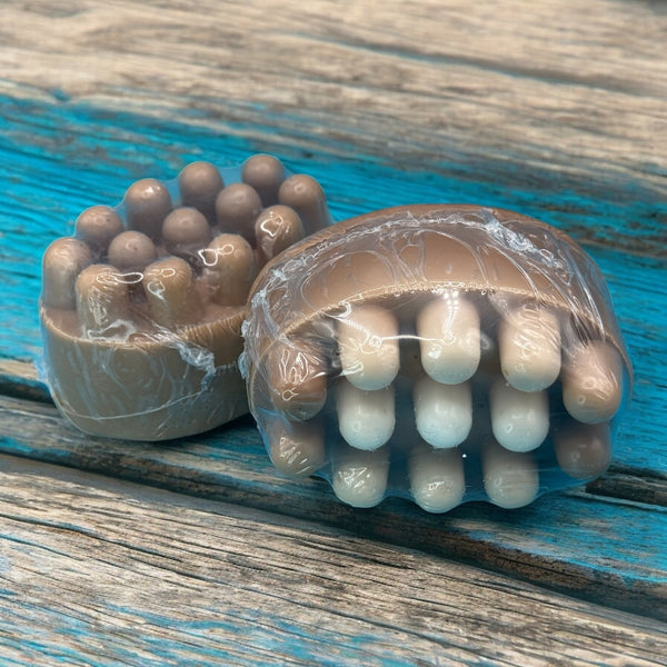 Mango Coconut goat milk massage bar by Monticello Soap Company, tropical melt-and-pour bar with built-in massage nubs.