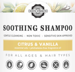 Citrus & Vanilla liquid shampoo by Monticello Soap Company, 4 oz travel bottle on shelf, plant-based and paraben-free