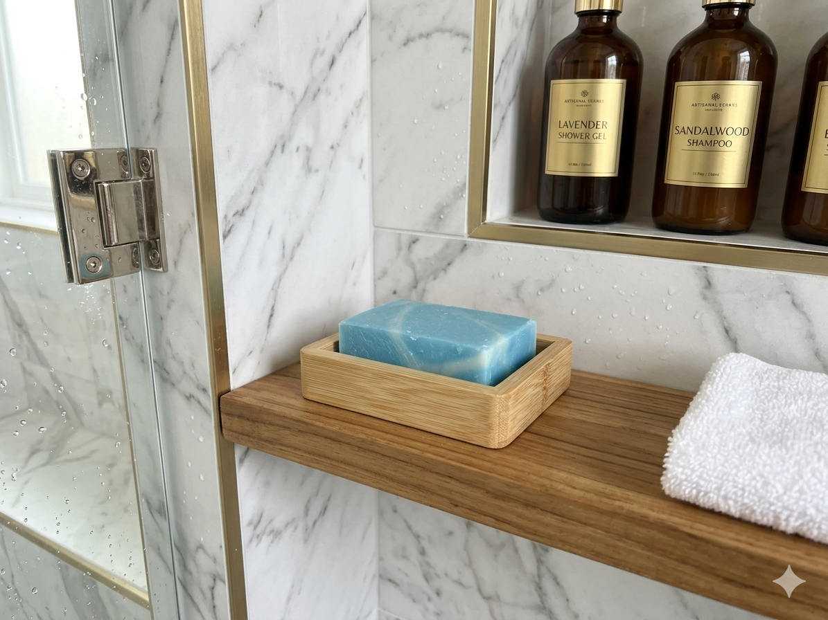 Everwood Low-Pro soap dish on a white bathroom vanity