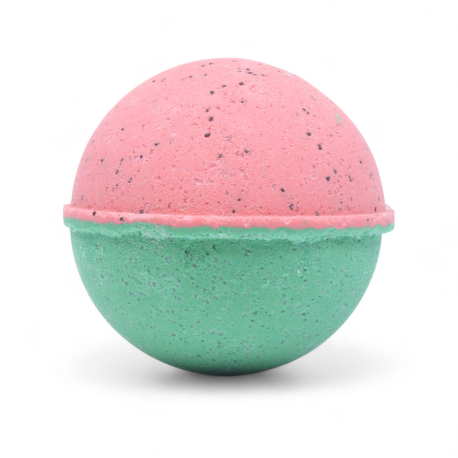 Watermelon Festival Bath Bomb handcrafted by Monticello Soap Company, pink and green watermelon fizzy bomb inspired by Monticello FL