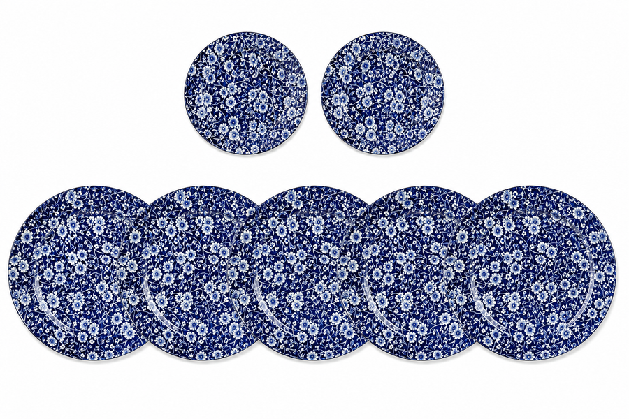 Blue Calico Chintz Plates - 7 Pieces (5 Dinner + 2 Bread/Salad)
