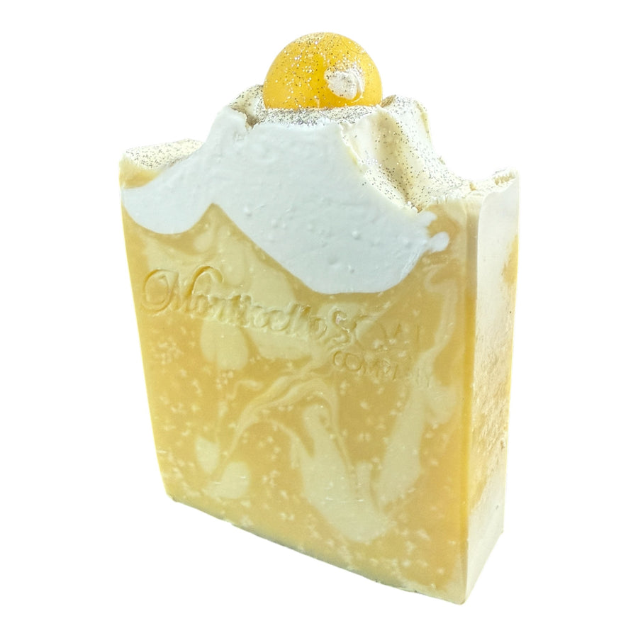 Monticello Limoncello handcrafted bar soap by Monticello Soap Company, bright yellow lemon-scented bar with whimsical lemon embed.